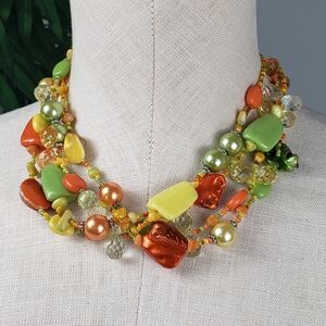 Multicolor Beaded 3 Strand Yellow Orange LIme Green Crystal Shells Necklace